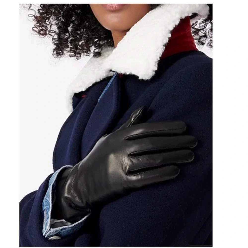 J.Crew Black Leather Cashmere Lined Tech Touch Gloves Womens Size‎ L NEW B5086
